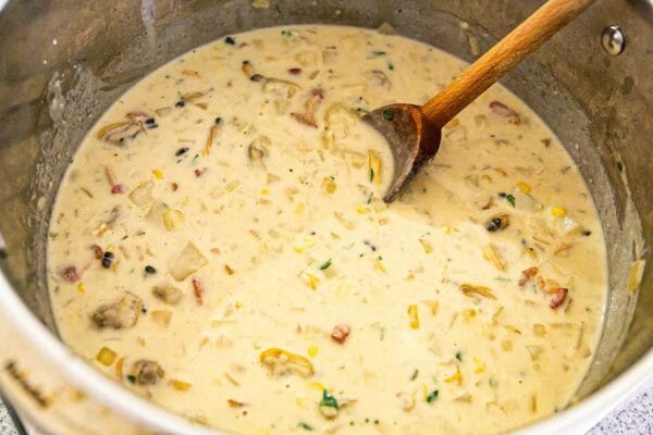New England Clam Chowder with cream stirred in