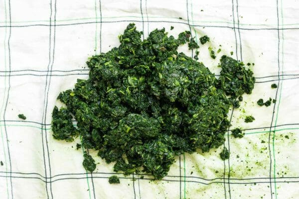 A dish towl with squeezed dry spinach on top for spanakopita,