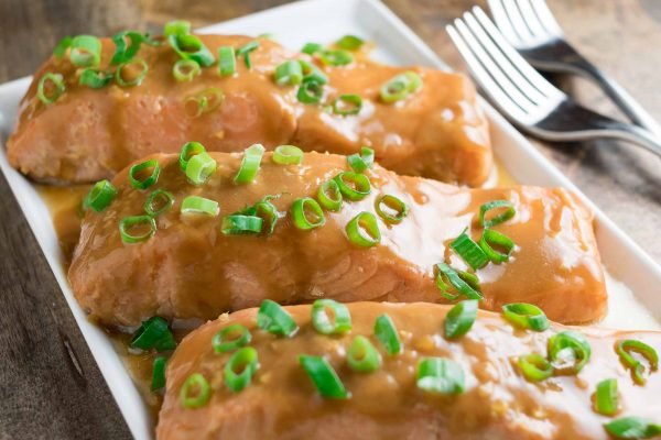 Teriyaki Salmon cooked sous vide on a platter