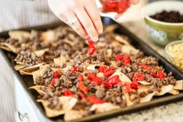 Sheet Pan Nachos with Black Beans add the peppers