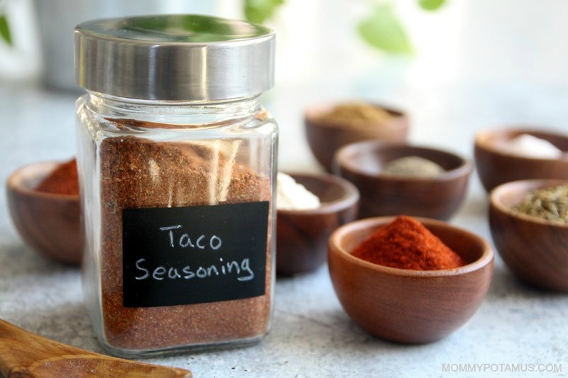 easy homemade taco seasoning recipe in jar with chalkboard label