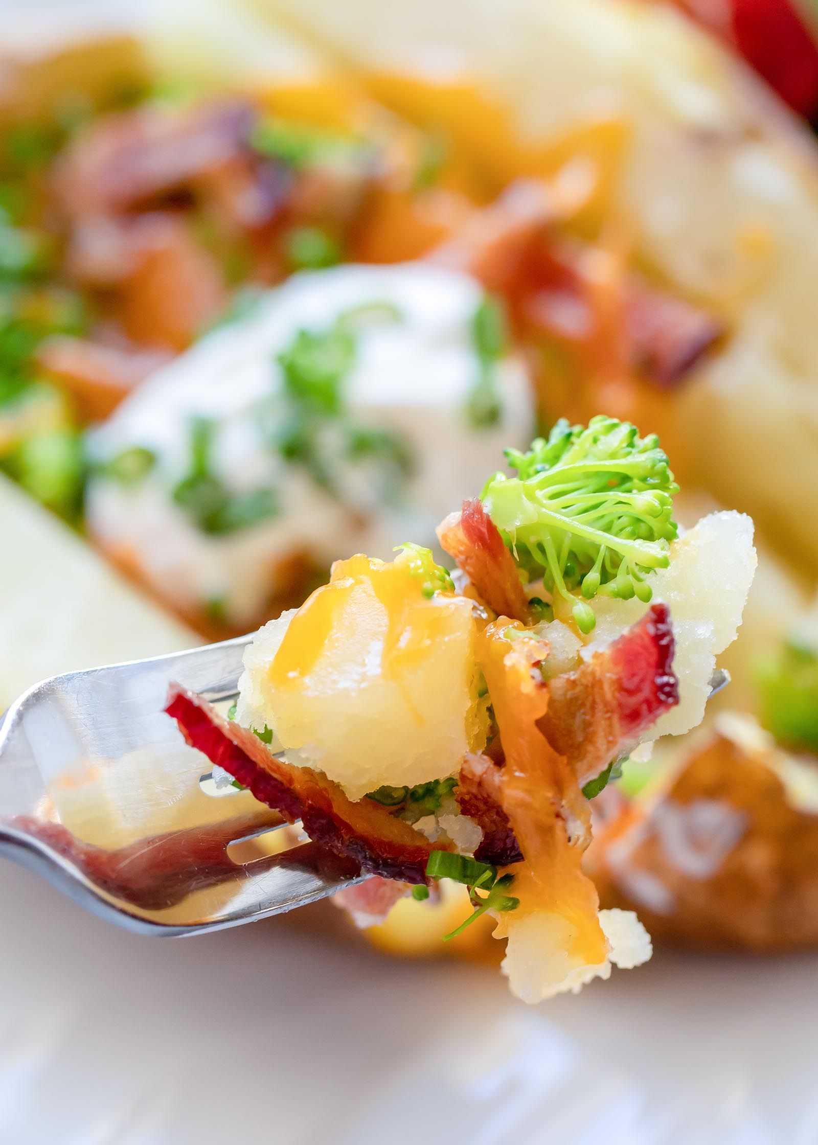 A broccoli and bacon loaded baked potato is in the background and a fork is holding up a bite of the potato. Broccoli, chopped bacon and cheddar cheese are visible along with the creamy potato.