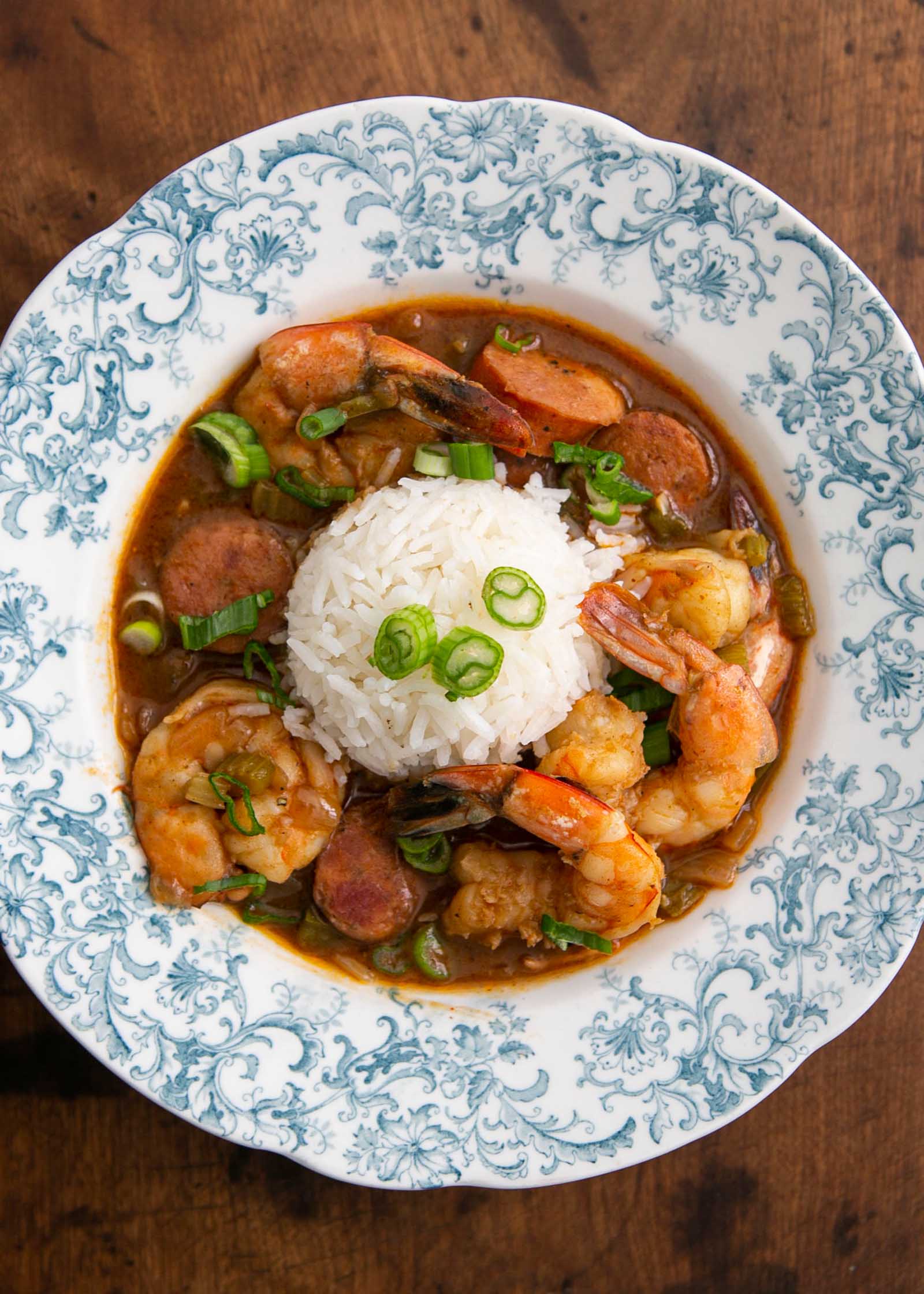 Shrimp gumbo with andouille sausage in a shallow bowl