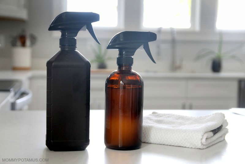 Bottles of hydrogen peroxide and vinegar for cleaning