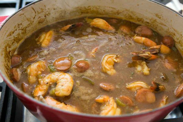 Cook the gumbo until the shrimp are cooked through