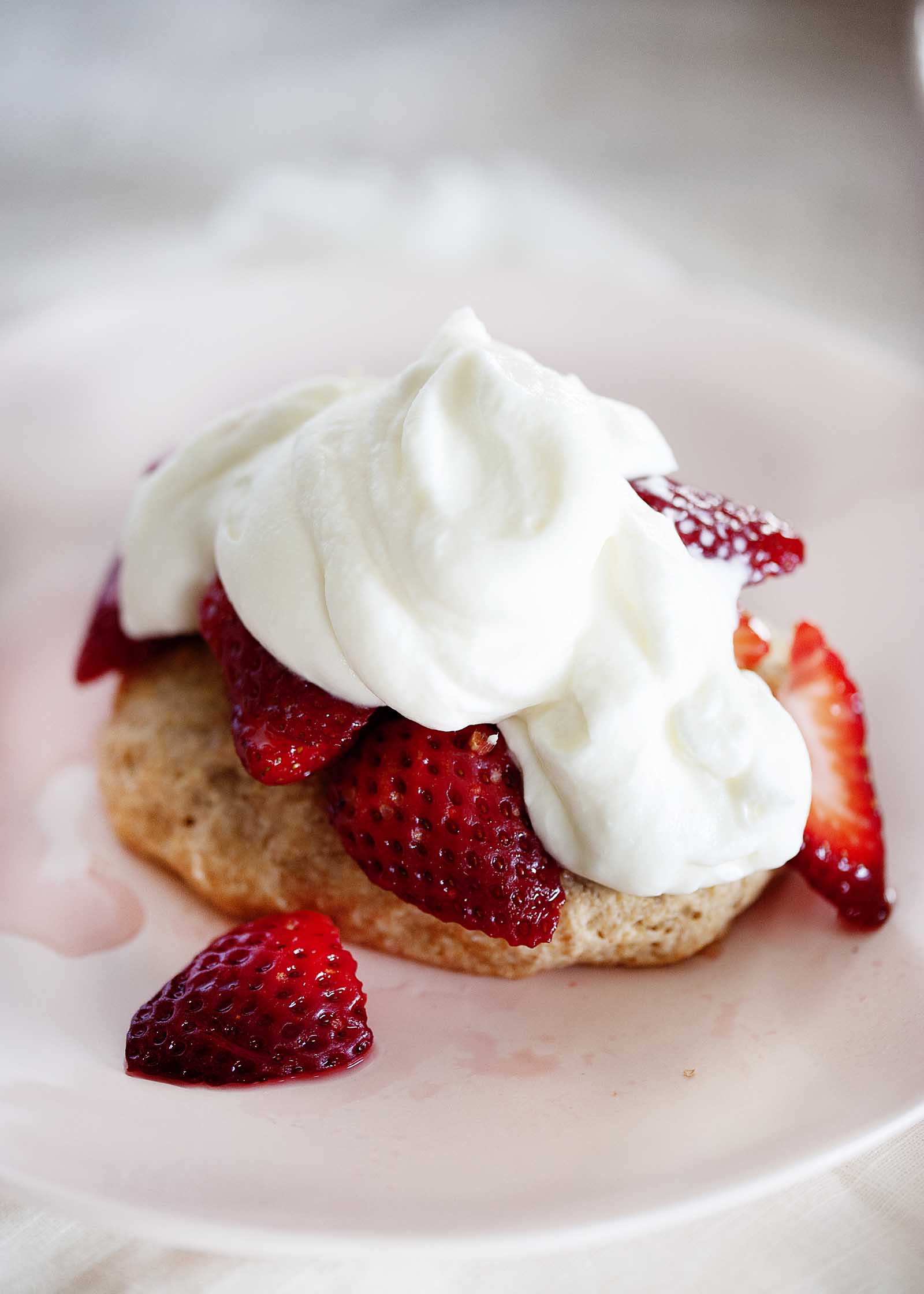 Close up of open-faced strawberry shortcake with sliced strawberries and whipped yogurt topping.