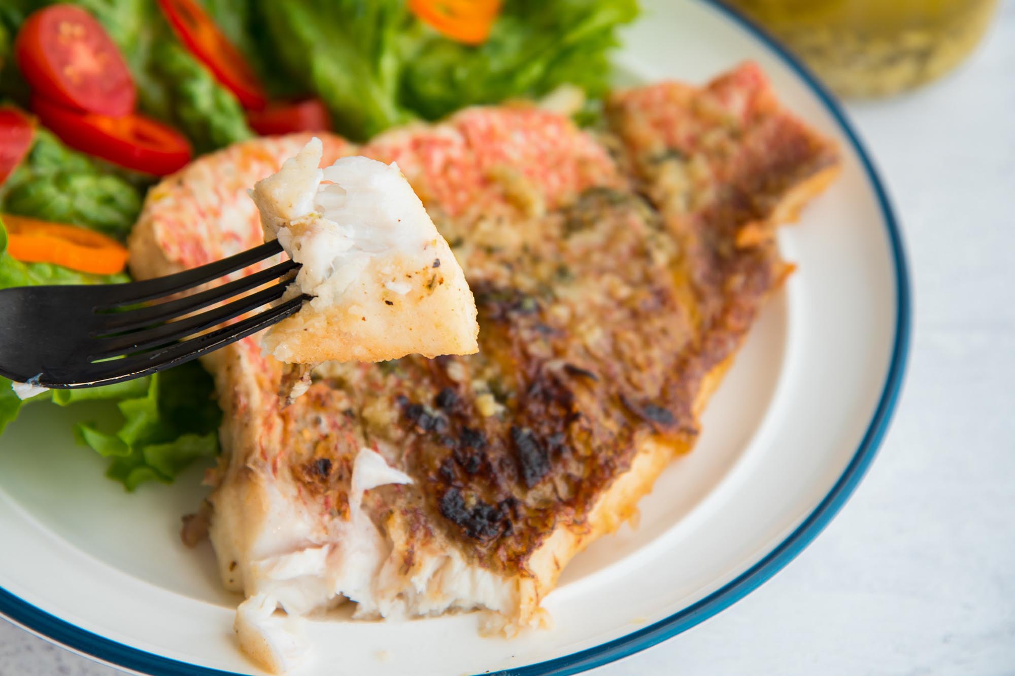 Homemade red snapper is on a white plate with a blue strip around it. A fork is holding a piece of the fillet and a green salad with red and orange peppers is on the plate behind the lenten fish with garlic sauce.