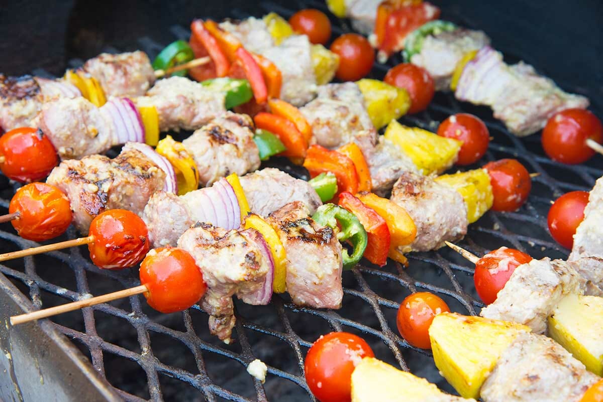 Easy grilled pork kebabs with mojo marinade on the grill.
